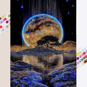 1 set of DIY diamond painting kit, 5D diamond art set, DIY decoration full moon, tree, reflection. Mosaic, diamond art, DIY art home decor.