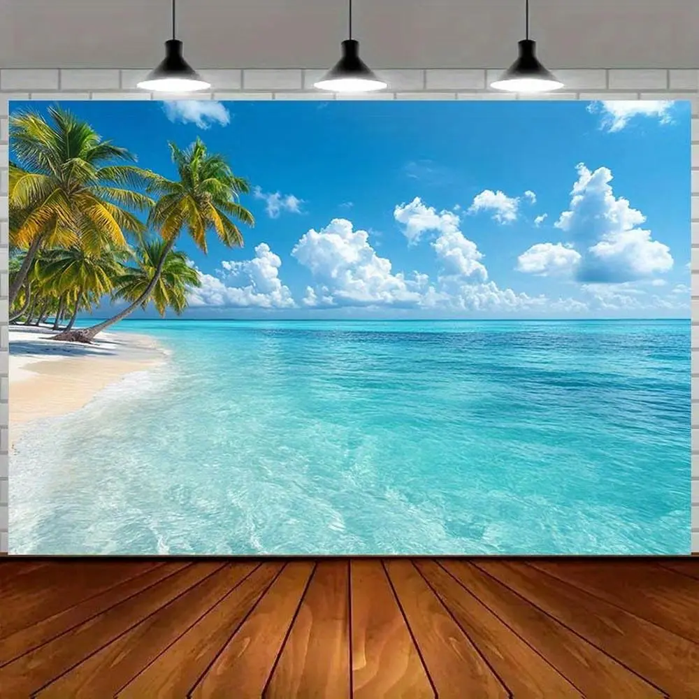Reusable Polyester Beach Scene Backdrop - 1pc, Palm Trees, Blue Ocean, Soft Sand, Bright Sky Design, Party Decoration Supplies for Photography, Birthday Parties