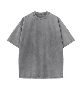 Vintage Acid Washed Oversized Drop Shoulder Heavyweight Streetwear Blank T-Shirt Casual Cotton Pepper Gray Tee for Men