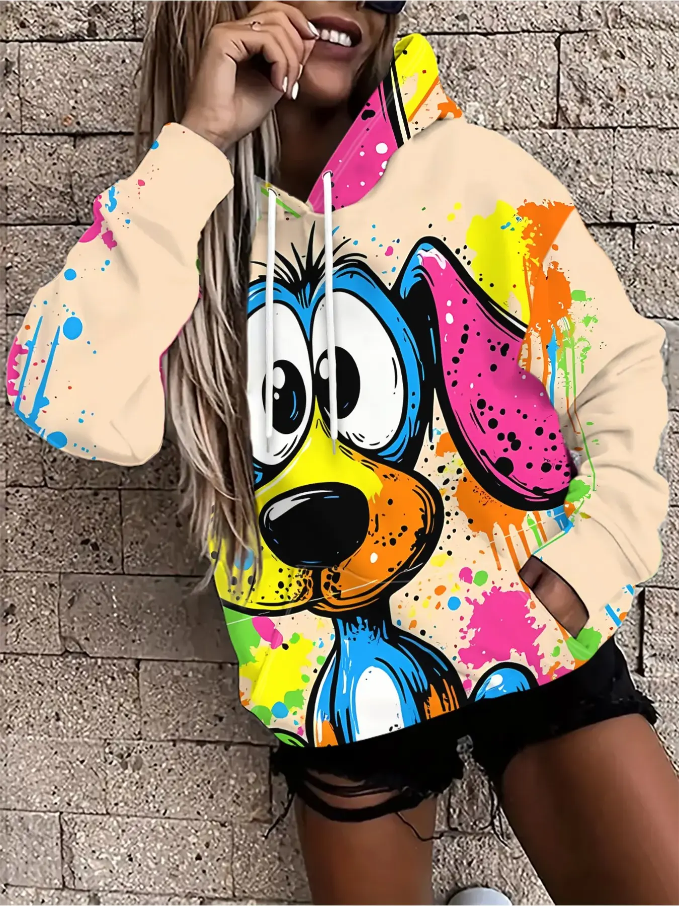 Funky Graffiti Dog Hoodie, Women's Bright Color Splash Print Hooded Sweatshirt with Pockets, Streetwear Tops