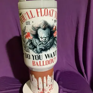 Pennywise 40 Oz Tumbler with Handle - "You'll Float to Do You Want a Balloon?" Design - Bottle, Drinkware Washable Portable Reusable Lid