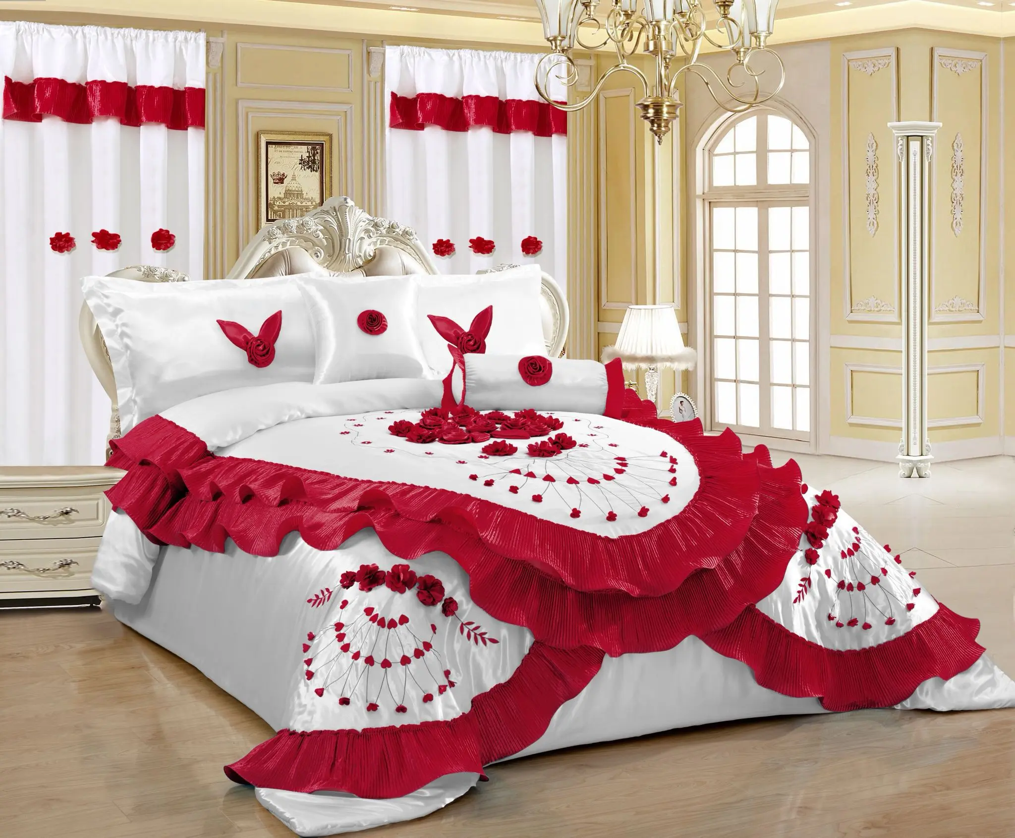 White And Crimson Luxurious 7 Pcs Wedding Bedding Set