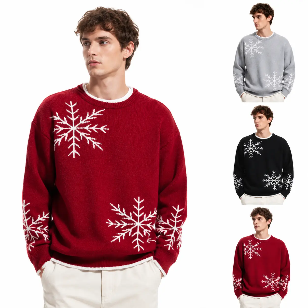 Men's Christmas Jumper - Baggy Oversize Crew Neck Long Sleeve Festive Snowflake Graphic Casual Knit Top for Holiday Celebrations, Sweater, Oversized