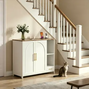 Large Hidden Cat Litter Box Enclosure Furniture, Dog-Proof Litter Box Cabinet with Built-in Power Strip, Rustic White Particle Board Cabinet Fit Self-Cleaning Litter Box