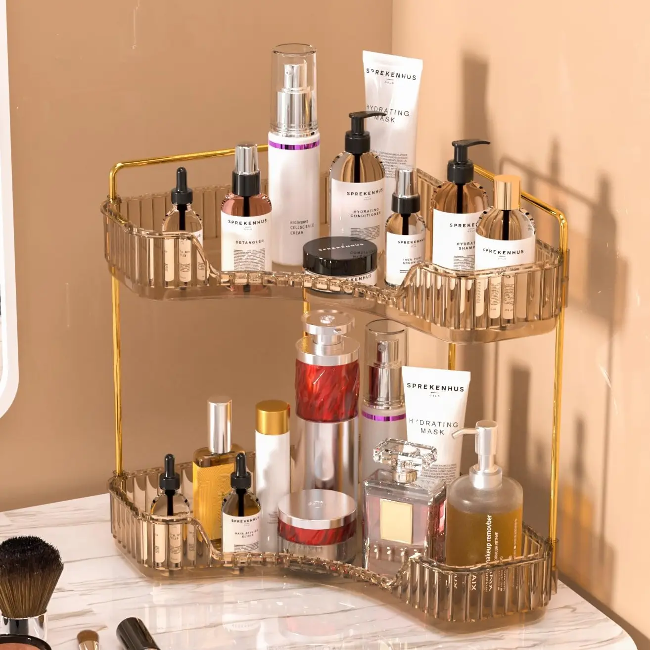 Corner Bathroom Counter Organizer, 2 Tier Clear Cosmetic and Perfume Storage Shelf, Space-Saving Vanity Organizer for Makeup, Skincare, Lotions and Toiletries, Stylish Countertop Rack for Bedroom, Dresser and Bathroom Decor