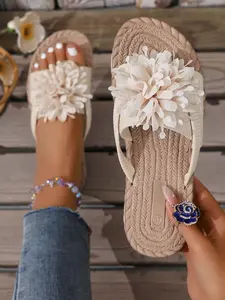 Women's Fashionable Flower Decorated Slides, Footwear for Beach, Casual Comfortable Flat Sole Sandals for Beach, Non-slip Slippers for Indoor & Outdoor Wear, Walking Shoes