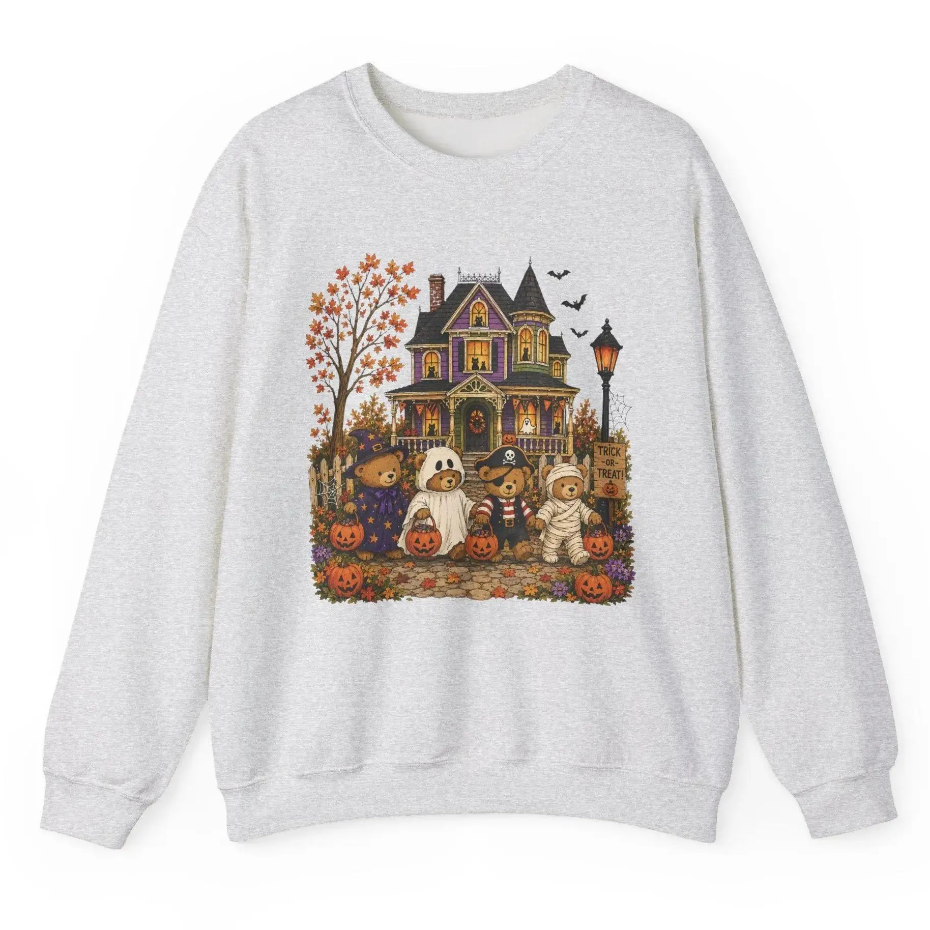 Halloween Teddy Bears Sweatshirt, Spooky Haunted House Retro Graphic Hoodie, Cute Teddy Bear Halloween Pullover, Spooky Season Fall Aesthetic Clothing, Retro Vintage Autumn Season Outfit, Cute Spooky Halloween Gift for Women & Men