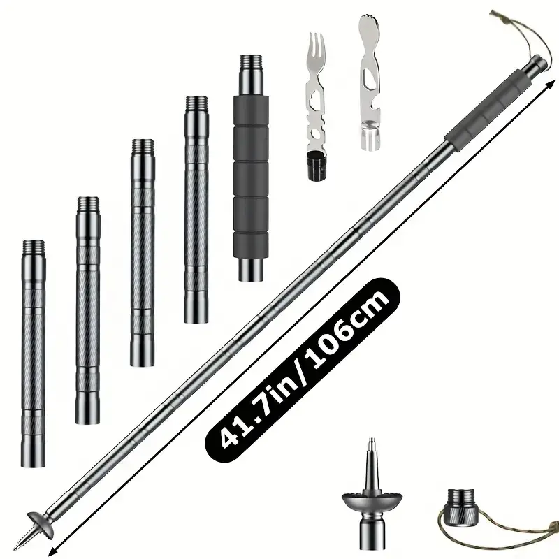 Foldable Alloy Trekking Pole with Integrated Fork Spoon - Lightweight, Adjustable & Telescoping for Outdoors Camping & Hiking, Camping Equipment, Lightweight Telescoping Hiking Sticks, Retractable