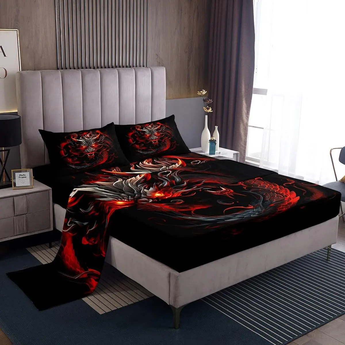 Red Black Dragon Bed Sheets,Glowing Flame Dragon Bedding Set,Men Adult Bedroom Decor,Wild Animals Fitted Sheet Cool Magical Style Top Flat Sheet