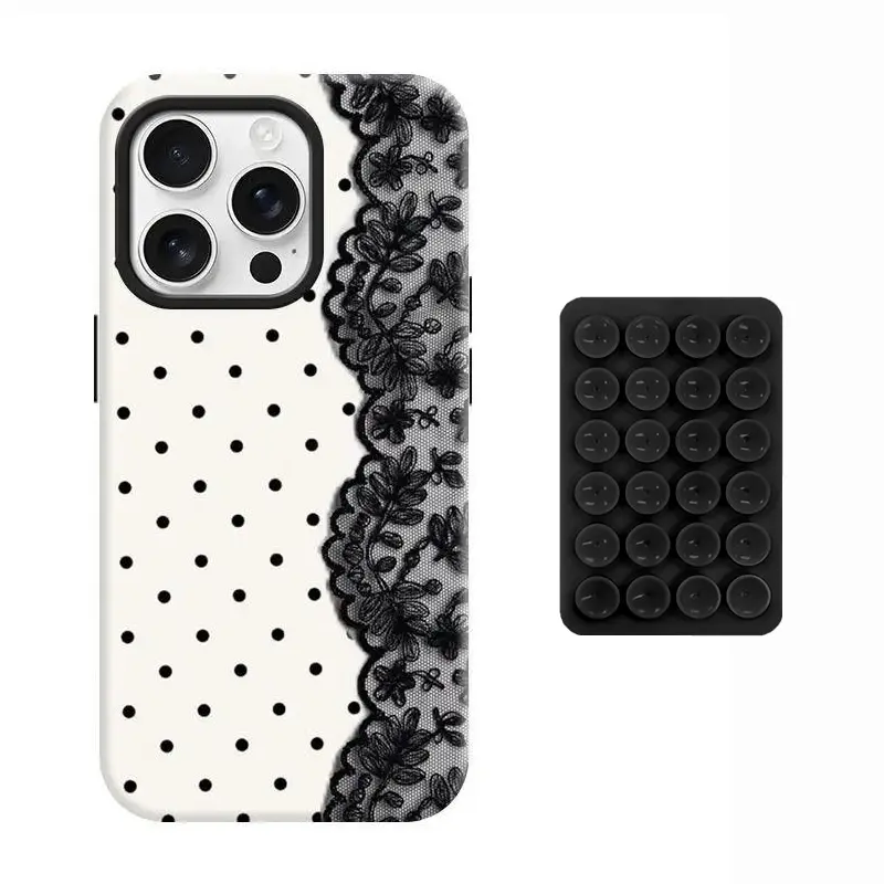 Gentle Classic Black Polka Dot Lace Pattern Phone Case Multi-cup Suction Holder Matte Skin-friendly Silicone Anti-collision Shell Elegant Ins Style Portable Selfie Handheld Protective Phone Cover for Women Outdoor Travel, Smartphone, Casing, Accessories