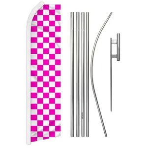 Pink & White Checkered Polyester Large Banner Flag - 11.5x2.5 ft Complete Steel-Aluminium Flag & Pole Kit, Plaid Festive Party Backdrop for Home Supplies