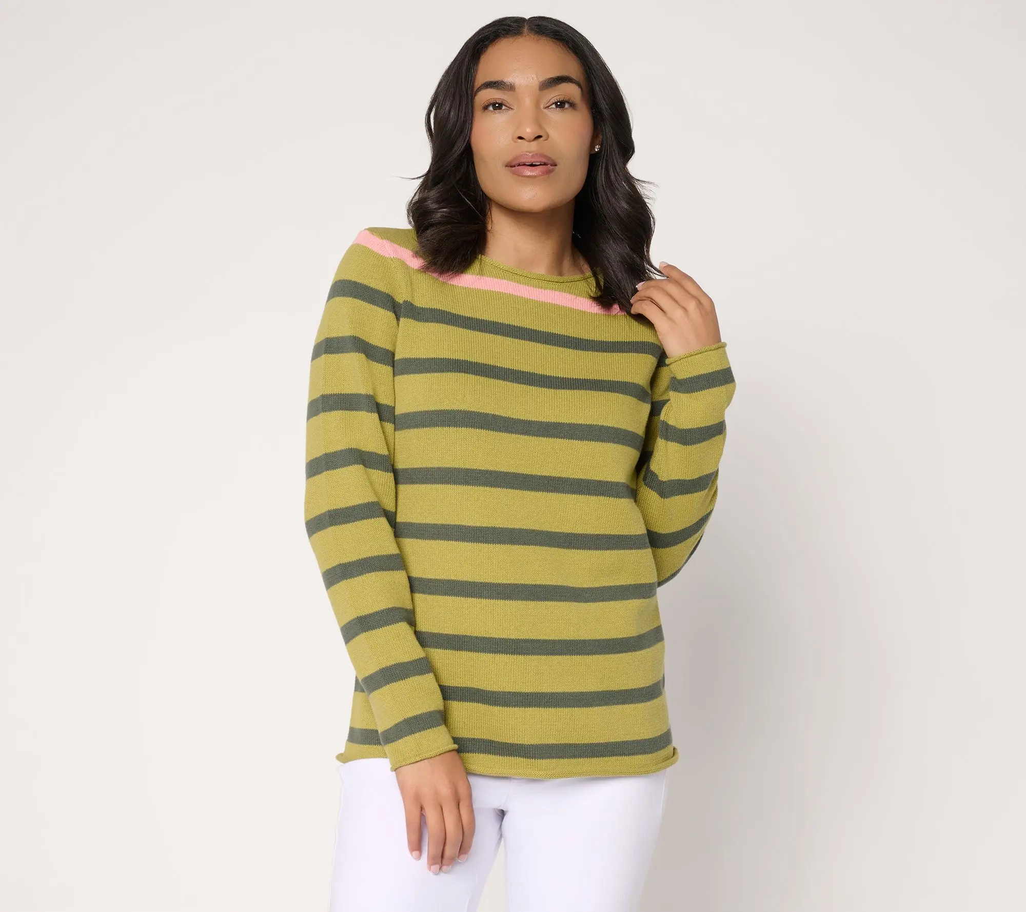 Denim & Co. Striped 100% Cotton Crew Neck Long Sleeve Sweater