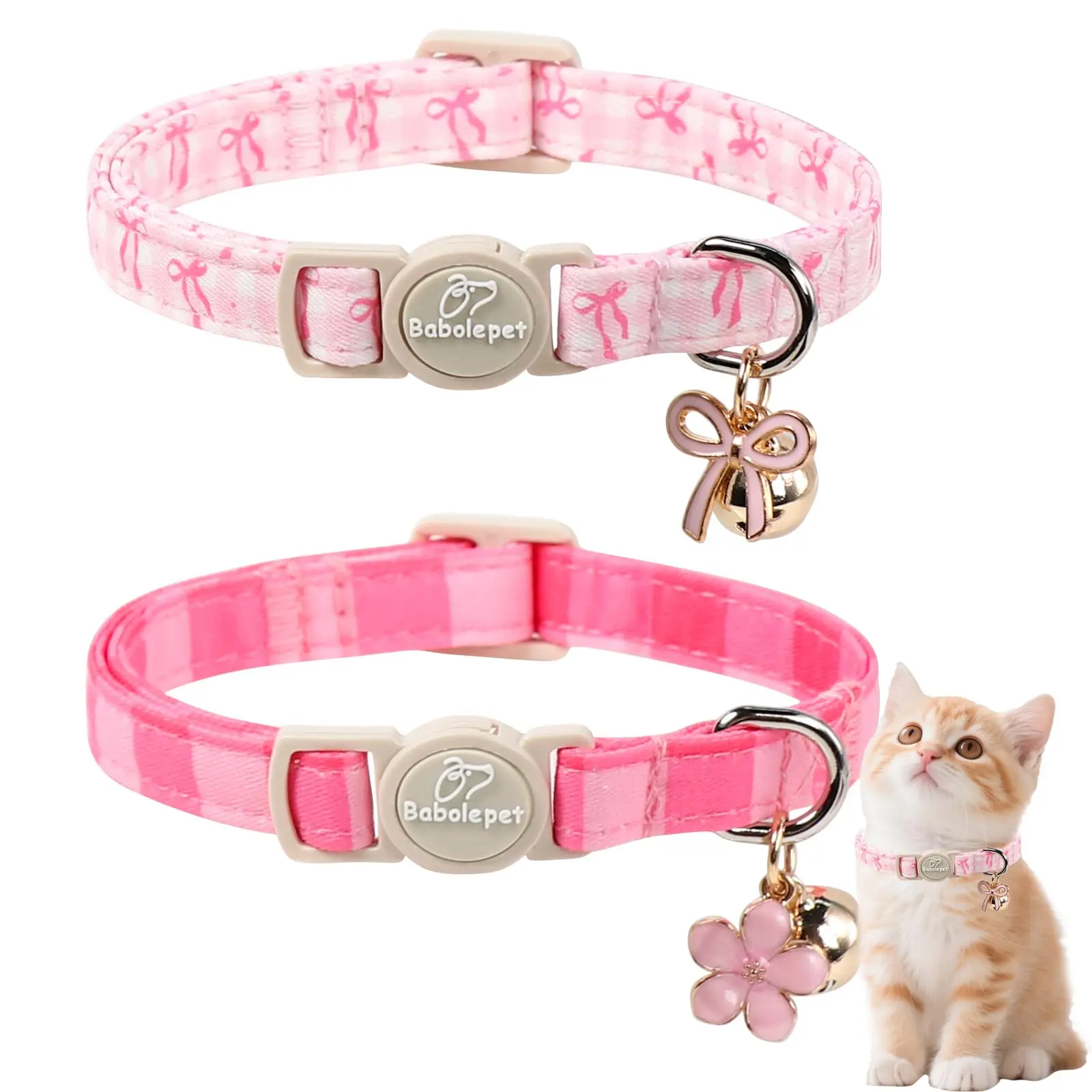 2 Pack Pink Cat Collars - Spring Summer Breakaway Cat Collars with Bell, Bow and Flower Pendant, Adjustable Kitten Collars for Girl Cats, Cute Pink Plaid & Bow Design tiktokshopbacktoschool