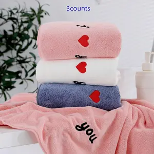 Random Color Heart Pattern Bath Premium Towel Set, Soft Super Absorbent Towel, 3 Counts/set Soft, Bathroom Supplies for Home Hotel Salon Dormitory Vacation, Bath Towel Sets, Premium Bath Towels