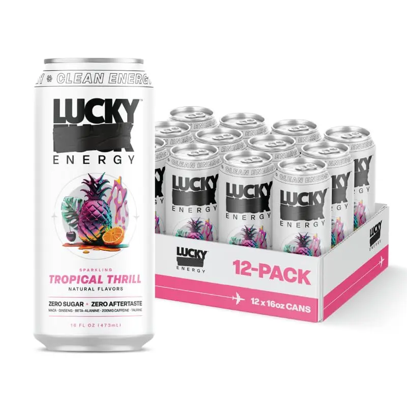 Lucky Energy Tropical Thrill Sugar-Free Energy Drinks 16 Fl Oz Cans 12-Pack Healthy Energy Drink with Maca Ginseng Taurine Beta-Alanine 200mg Caffeine