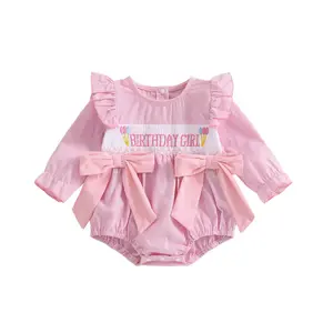 Baby Girl First Birthday Outfit Letter Embroidery Striped Long Sleeve Romper Smocked Bubble Bodysuit
