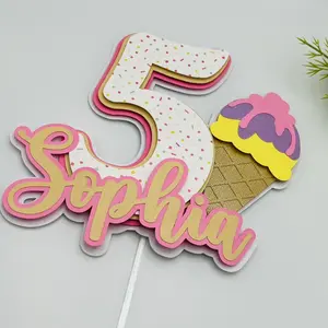 3D Custom Name and Age Ice Cream Cake Topper, Sweet Treats Birthday Party Decor, Ice Cream Birthday Party