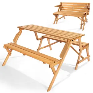 2-In-1 Transforming Interchangeable Picnic Table Wooden Table Bench Set Outdoor for Patio, Portable Foldable Timber Dining Furniture, Weather-Resistant Construction, Easy Assembly, Seats Four, Multi-Purpose Outdoor Dining