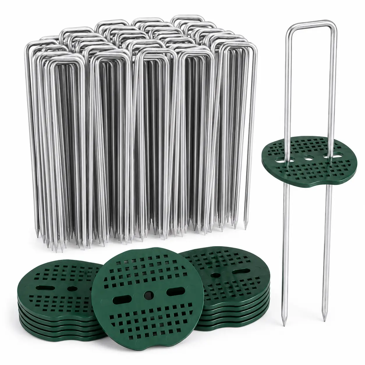 PINKART Metal Steel Garden Fabric Anchor Stakes Kit - Galvanized U-Shaped Ground Stakes with Green Washers & Shims, Landscape Staples for Garden Landscaping, Lawn Spikes Use