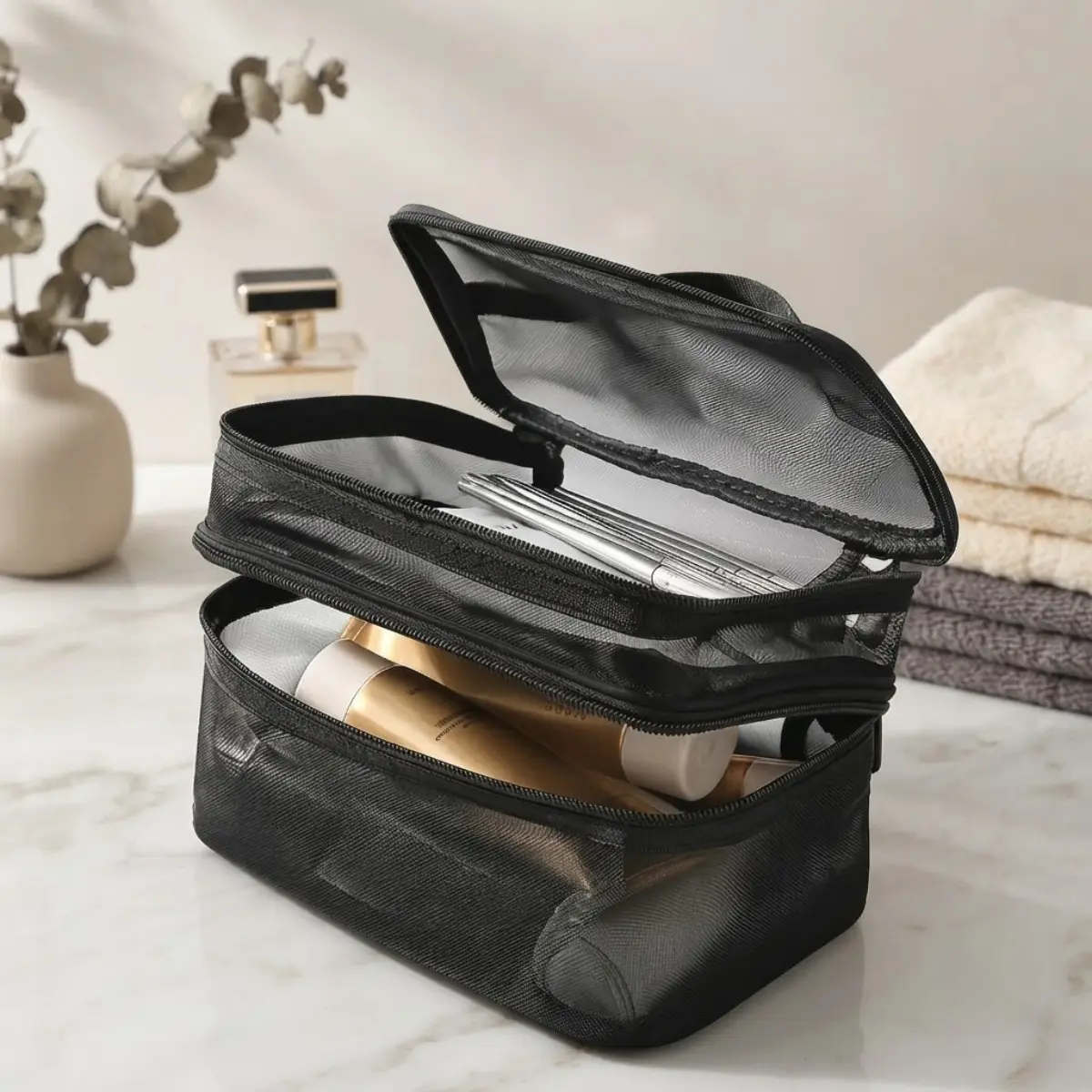 Women's Double-Layer Mesh Travel Makeup Bag, Large-Capacity Organizer with Brush Slot & Handle Strap, Transparent Breathable Pouch, Aesthetic Daily Travel Beauty Storage Case for Vacation Gifts