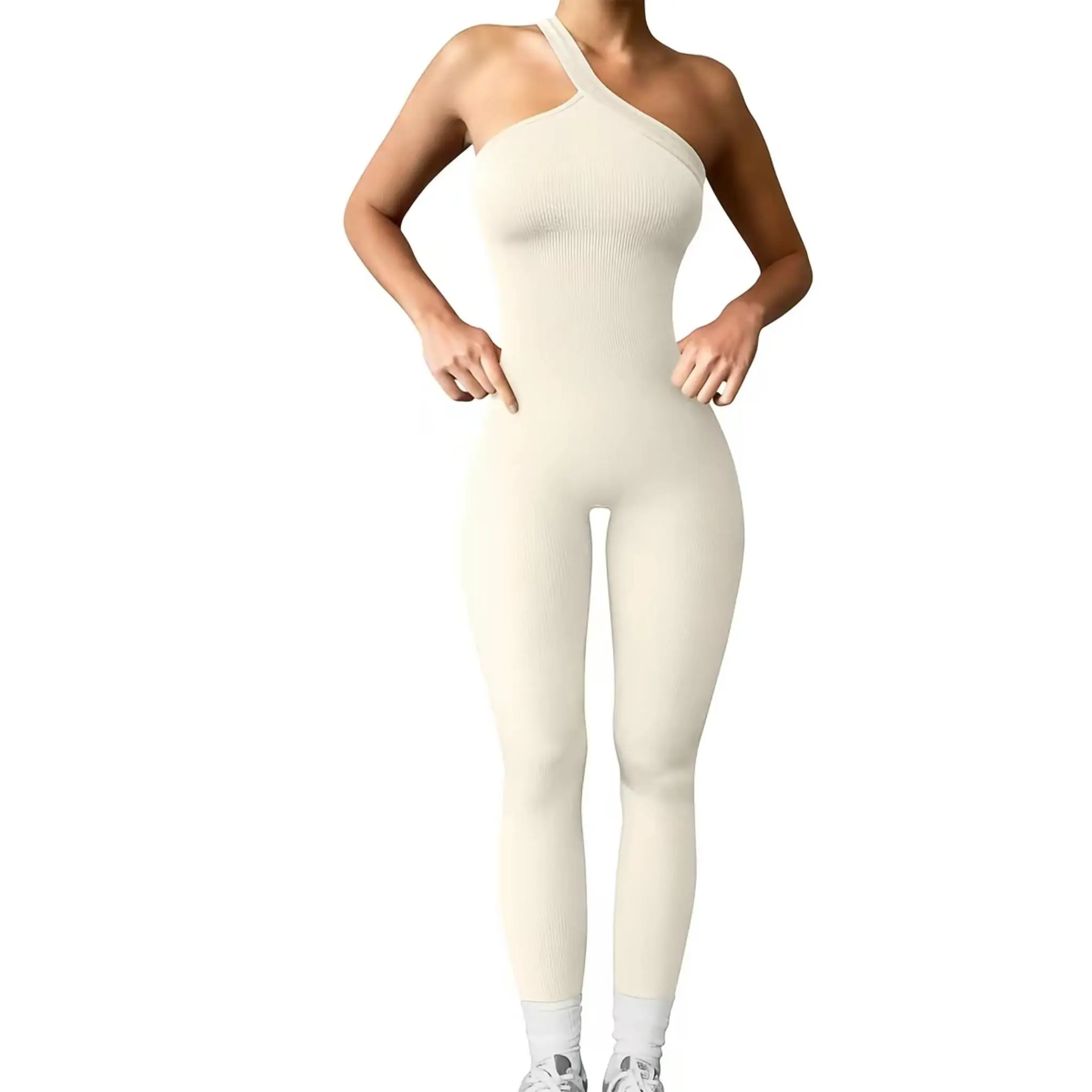 Women’s One-Shoulder Seamless Jumpsuit – Ribbed Bodycon Activewear