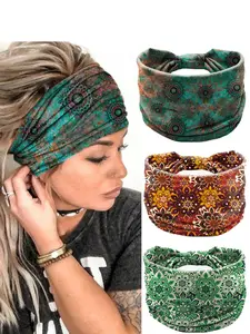 3pcs, Boho Style Floral Hairband Set, Elastic Sweat-Absorbing Design, Unique Mandala Flower Accents, Wide Band Headwear for Women, Hair Accessories, Pack of Three, Elastic Headbands