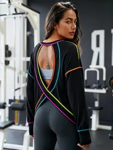 Popvil Cotton Open Back Workout Loose Fit Shirt, Neon Stitching, Soft & Light-weight Activewear, Gym Shirt, Thumb Hole Sports Shirt, Moisture-Wicking Running Shirt