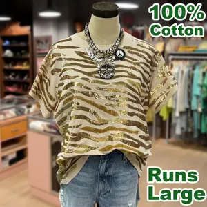 Cherrybetty 100% Cotton Oversized Sequin Tiger Pattern Short sleeve Women's Top Going Outfits Blouses Women Vintage 90s Tops Funny Shirts Women Game Day Top cute summer outfit Womenswear Everyday