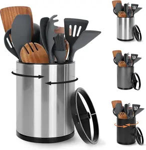Extra Large Kitchen Utensil Holder Mother's Day gift , 360° Rotating Stainless Steel Cooking Utensil Holder for Countertop, 3 Compartment Flatware Organizer & Cooking Caddy with Removable Base（Silvery）