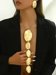 Fashion Exaggerated Metal Style Earrings Necklace Set, Irregular Hammered Geometric Oval Gradient Long Pendant Jewelry for Women