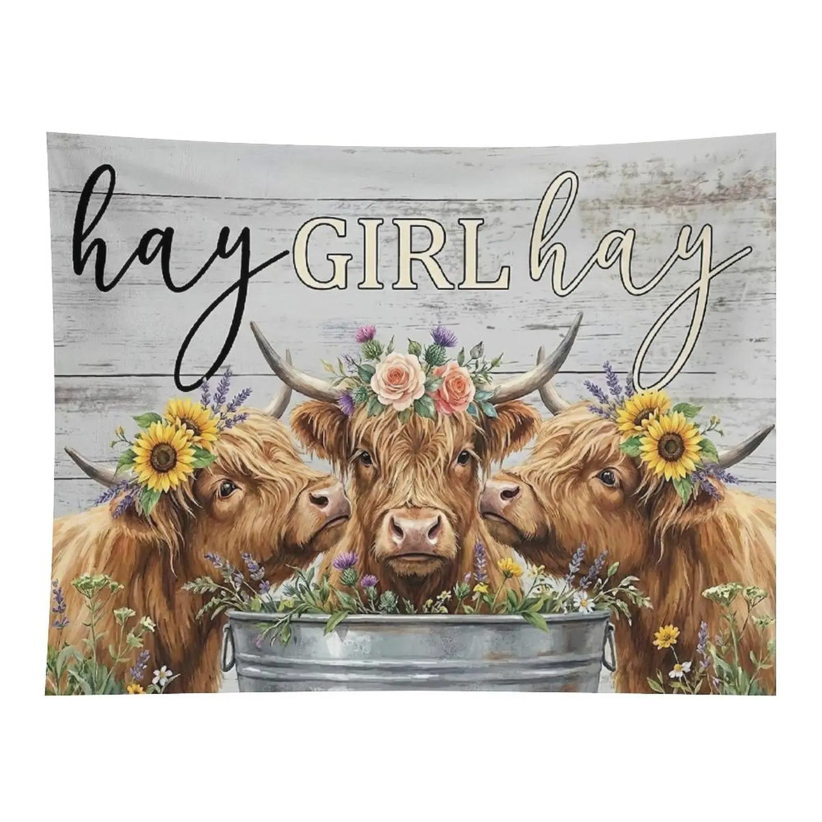 Hay Girl Hay Highland Cow Art Three Fluffy Cows With Sunflower Flower Crown Farmhouse Wooden Background Wall Tapestry Decor