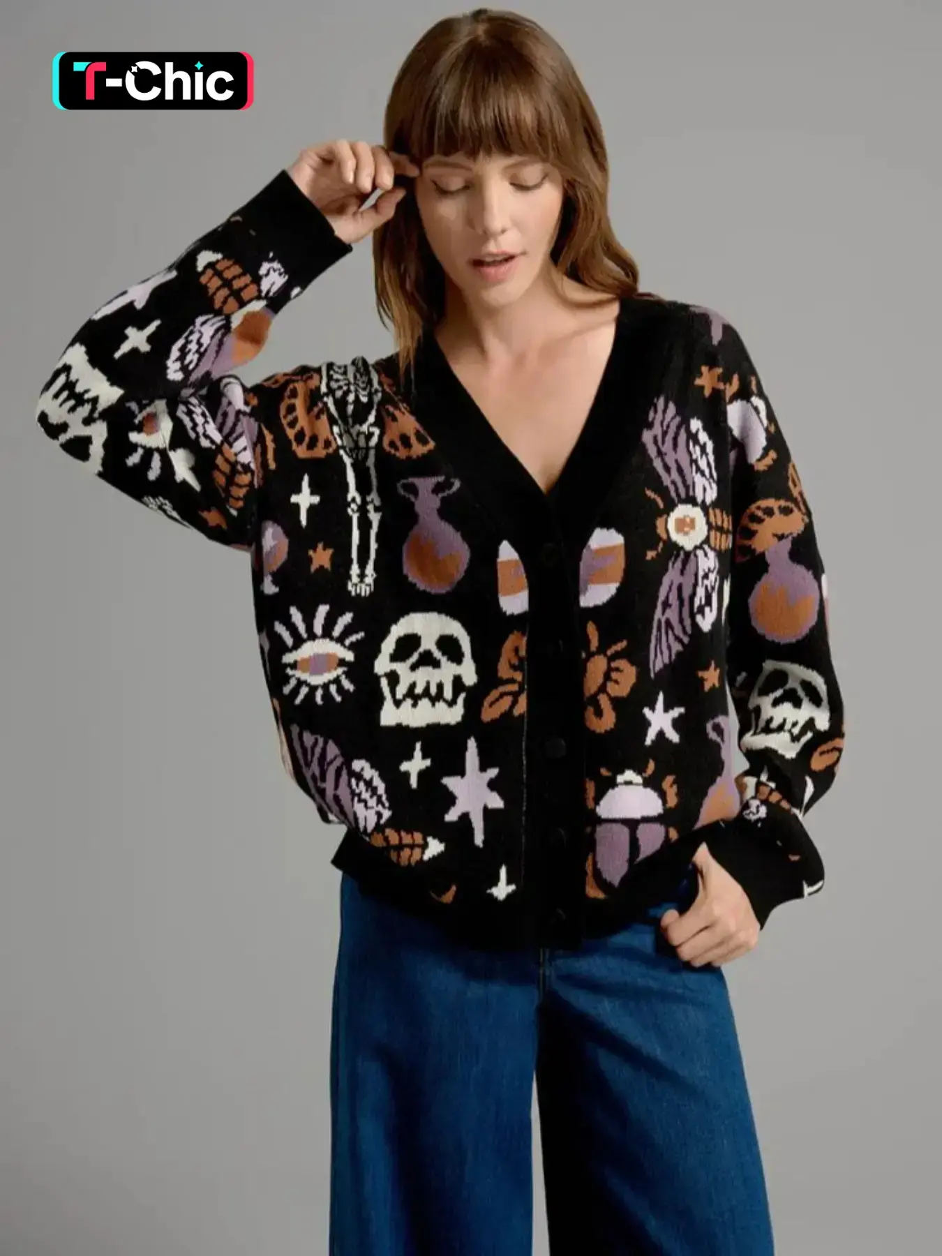 Women's Halloween Themed All Over Hybrid Skull Knit Button Front Cardigan, Casual Drop Shoulder Long Sleeve V Neck Knitwear for Fall, Fashion Ladies' Knit Clothing for Daily Wear, Womenswear, Button Cardigans