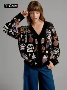 Women's Halloween Themed All Over Hybrid Skull Knit Button Front Cardigan, Casual Drop Shoulder Long Sleeve V Neck Knitwear for Fall, Fashion Ladies' Knit Clothing for Daily Wear