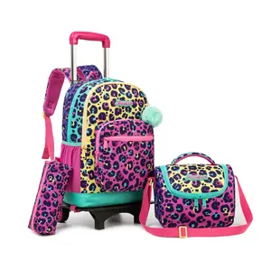 2-in-1 Detachable Rolling Backpack for Girls 3Pcs Set, Colorful Leopard Print Wheeled School Bag with Crossbody Lunch Box, Trolley Bookbag for Kids Students cute pencil case daily
