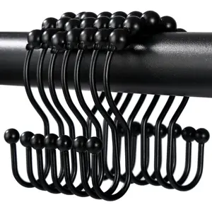 Shower Curtain Hooks,  Shower Curtain Rings, Black Shower Curtain Hooks Rust Proof, Smooth Gliding Metal Shower Curtain Rings Rust Proof, Double Shower Rings for Curtain, 12 Pcs, Black