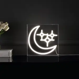 JONATHAN Y Starry Crescent Square Contemporary Glam Acrylic Box USB Operated LED Neon Light; for dorm, living room, dining room, college