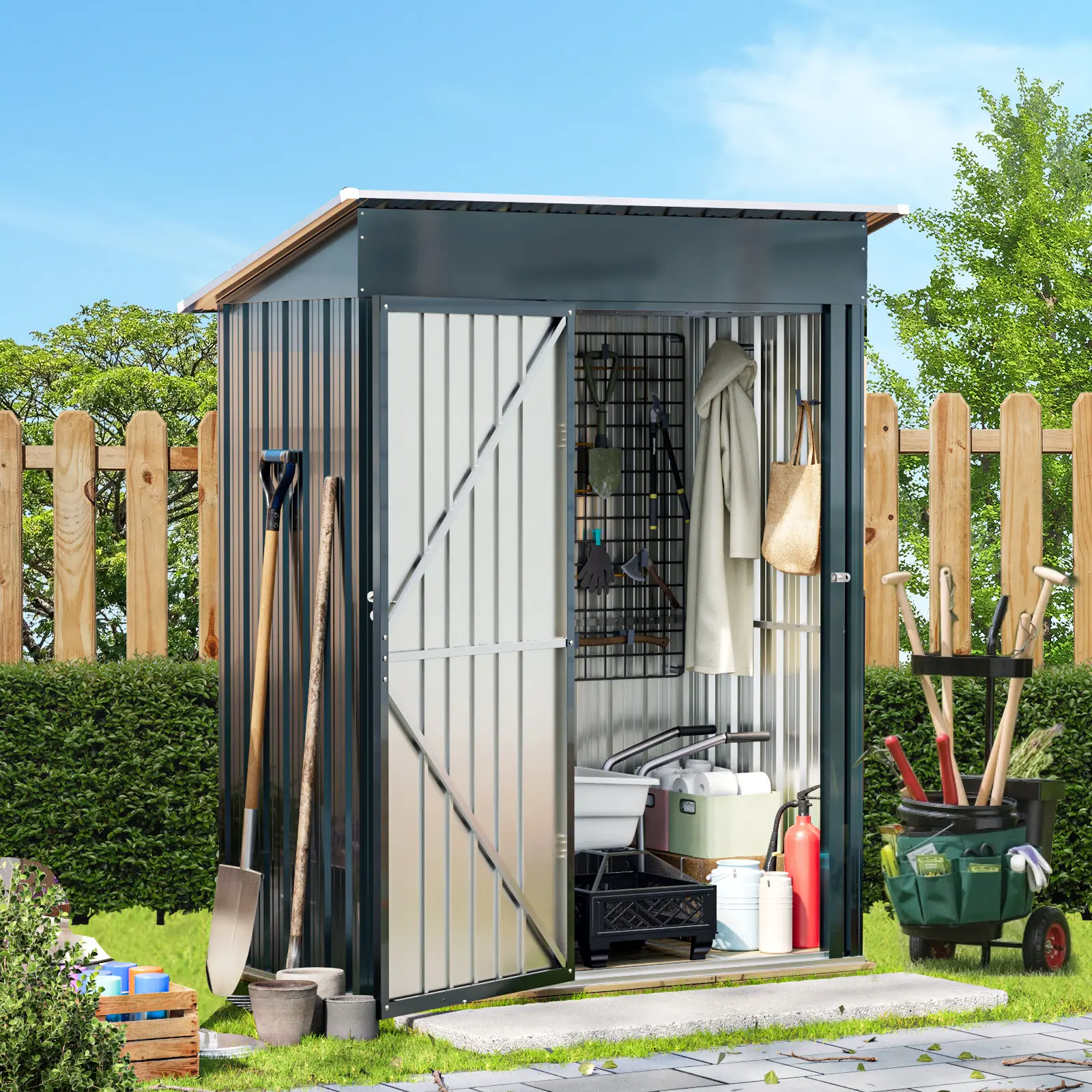 Outvue Galvanized Steel Garden Tool Shed (3x5 FT) - Durable & Stable Construction, Secure Lockable Door, Sloping Roof, Floor Frame, Easy Installation for Backyard, Patio Storage, Metal