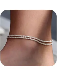 Dainty Layered Waterproof Anklet For Women Adjustable Womens Anklet Set Stackable Figaro Beaded Cuban Link Anklets Daily Clothing Decor For Beach Summer Holiday Vacation Boho Fashion Jewelry Trendy All-match Foot Accessories For Teen Girls Wife Girlfriend