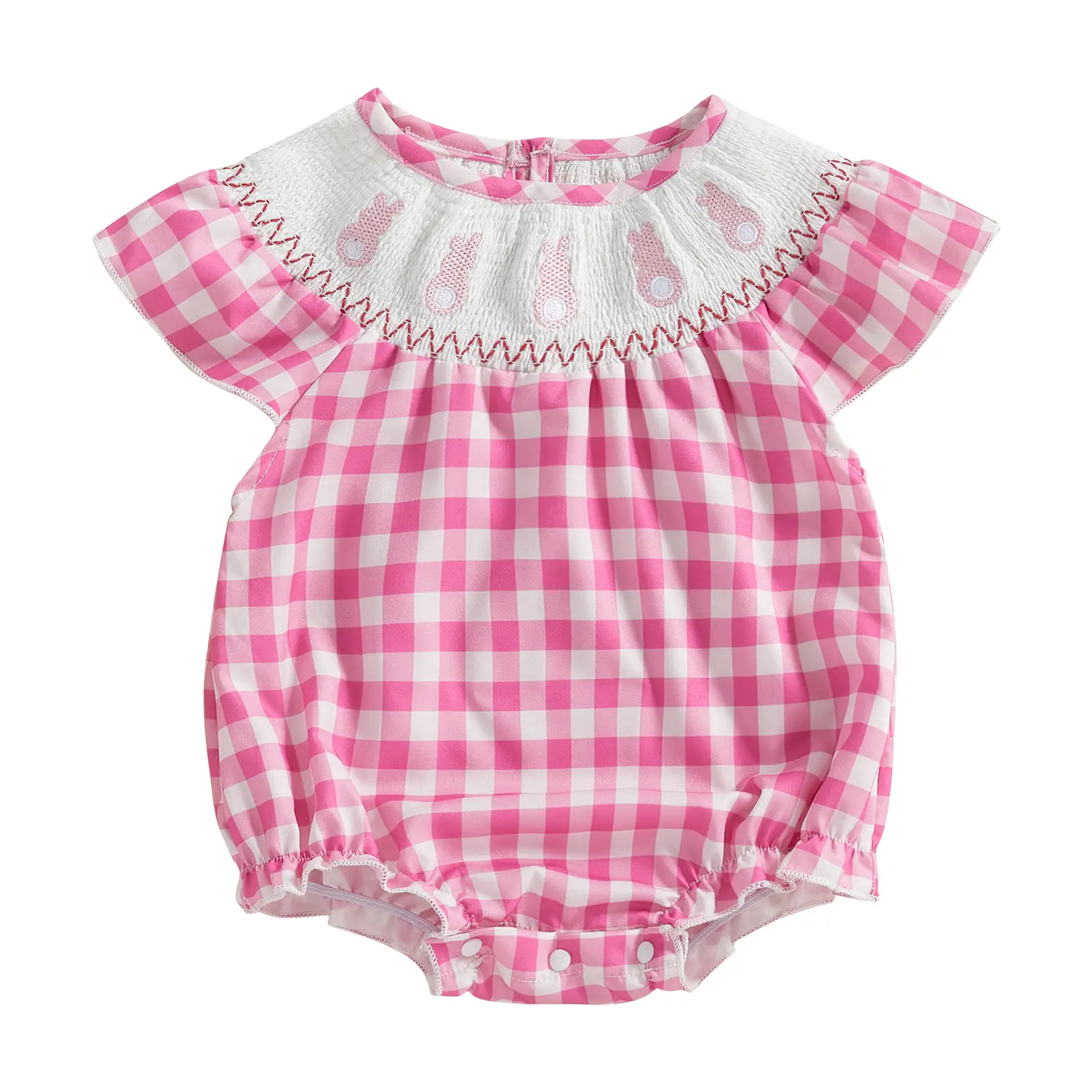 Baby Girl Easter Outfits Infant Casual Smocked Romper Plaid Print Bunny Embroidery Onesie Summer Fly Sleeves Jumpsuit Newborn Toddler Cute Clothes