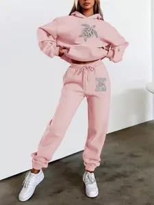 Women's Hooded Sweatshirt Set, Fall & Winter Sea Turtle Cartoon Letter Print, Casual Sporty Style, American Casual Fashion