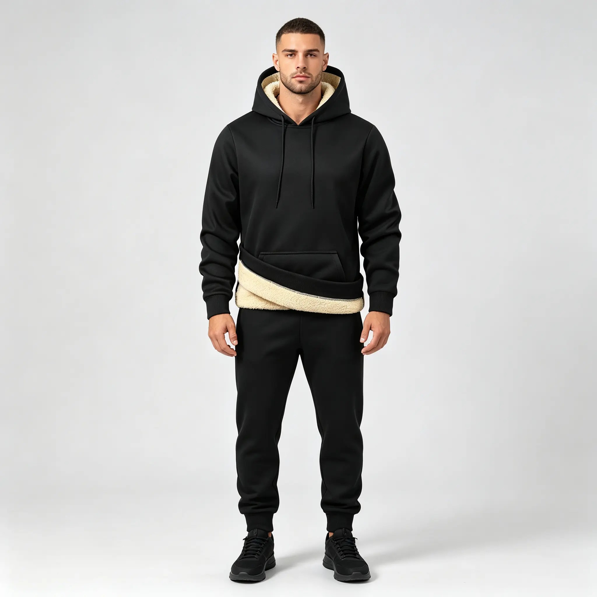 Men's Autumn Winter Solid-Color Fleece Hoodie - Thick Fleece-Lined, Adjustable Drawstring Hood, Front Kangaroo Pocket, Ribbed Cuffs & Hem, Loose Pullover Long-Sleeve
