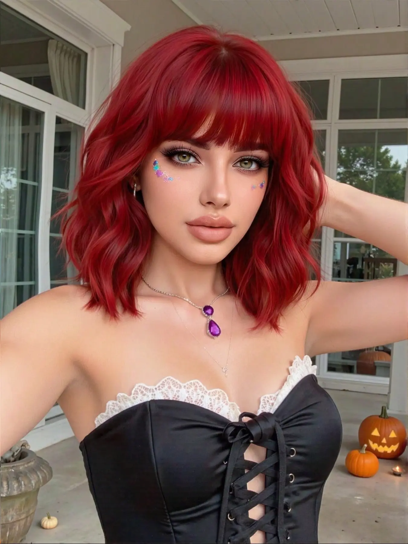 Red Bob Synthetic Hair Wig with Bangs Short Wave with Bangs Wavy Cosplay Wigs for Women High Temperature Wig Lolita Use