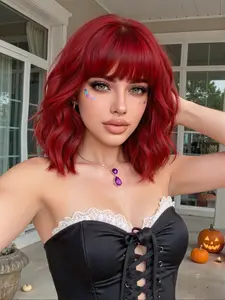 Red Bob Synthetic Hair Wig with Bangs Short Wavy Cosplay Wigs for Women High Temperature Wig Lolita Use