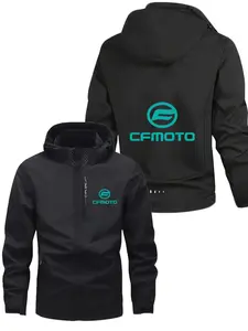 Men's Fashionable Cfmoto Logo Jacket, Casual Hooded Design, Zipper Pockets, Polyester Material, Spring & Fall Wear, Loose Fit