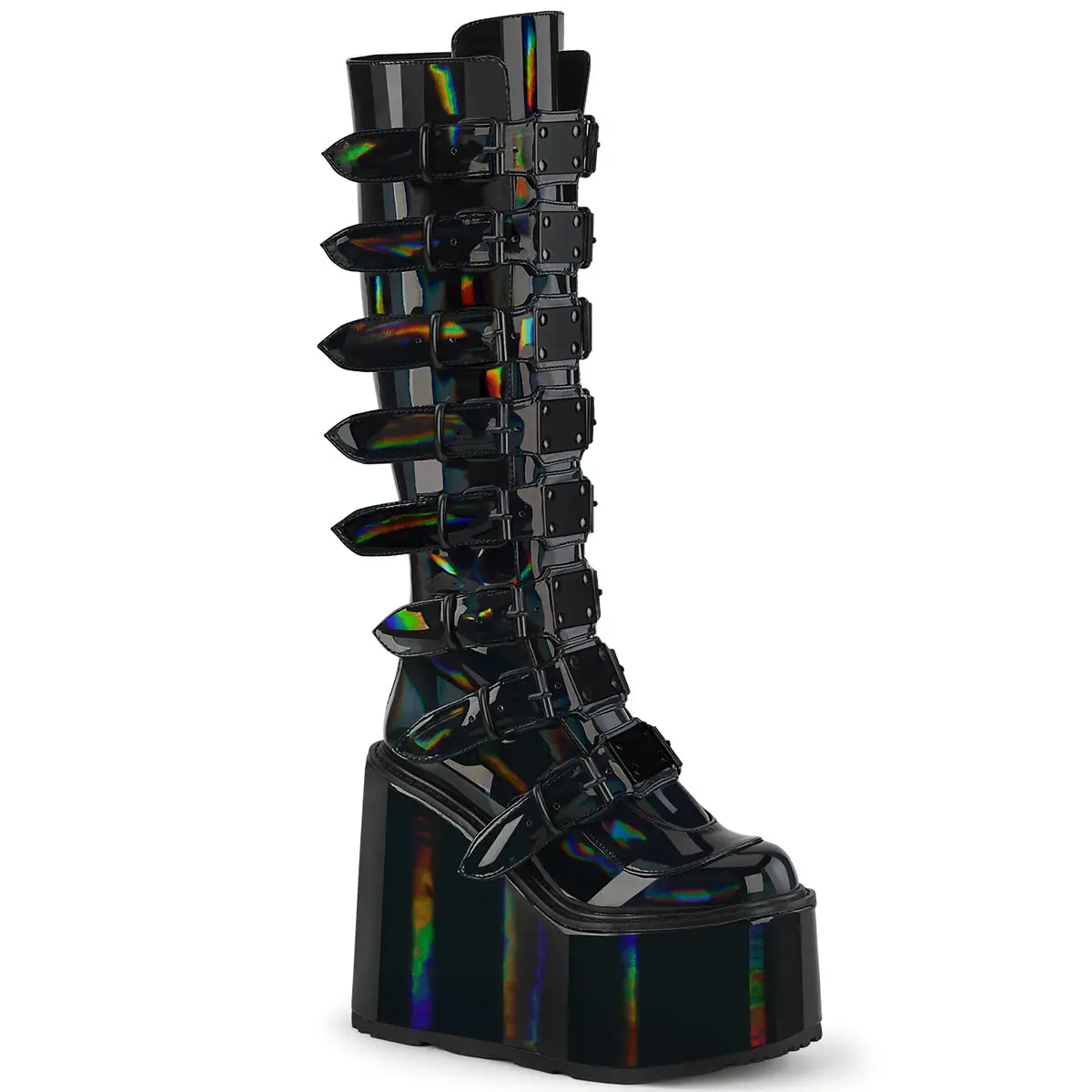 Demonia Women's Swing-815 Mid-Calf Round Toe Cuban Heel Metal Platform Boot with 8 Adjustable Buckle Straps and Back Zipper Closure for Women, Winter Season