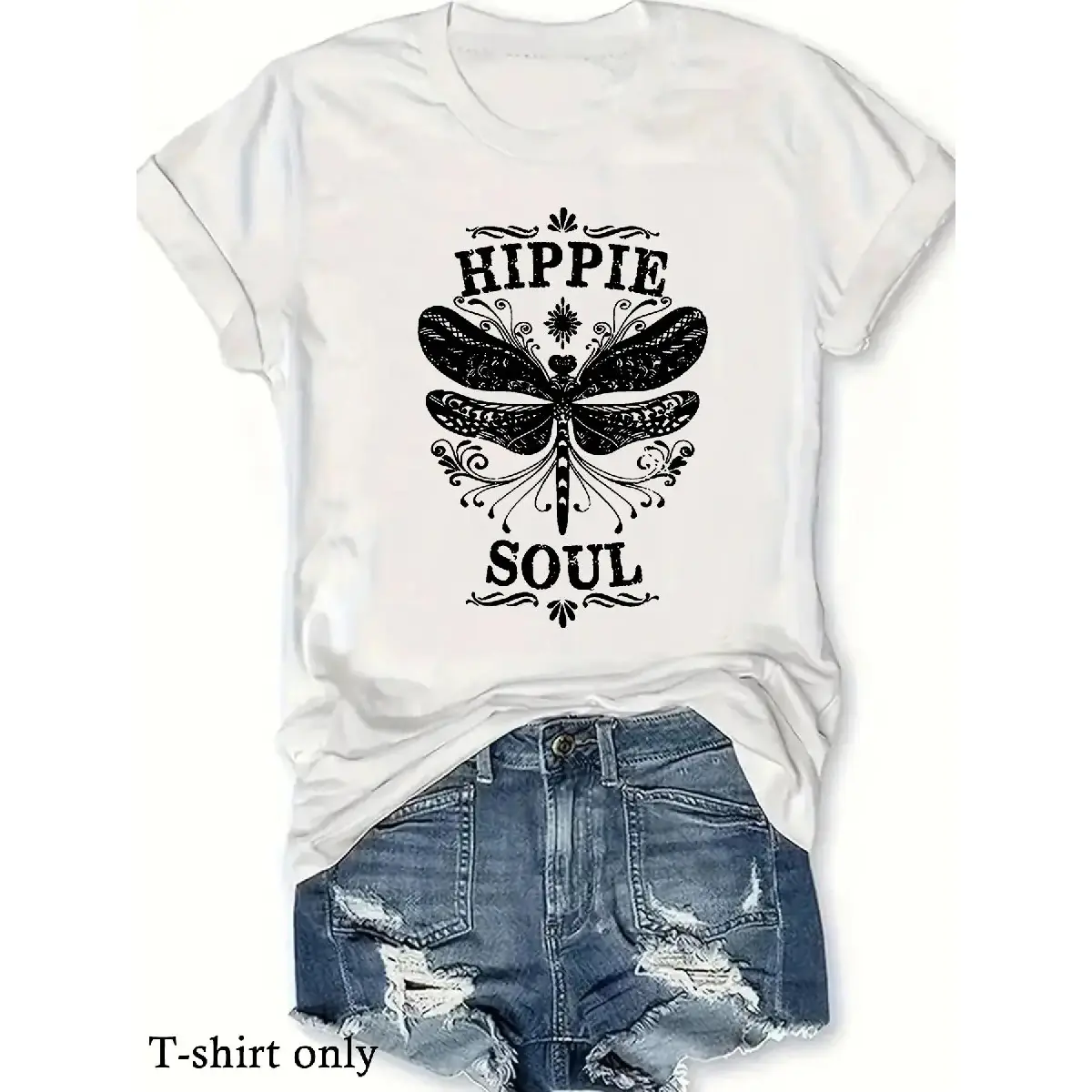 Women's Vintage Dragonfly & Letter Print Soft Cotton Fabric Short-Sleeve Round Neck T-Shirt - Comfy, Breathable, Casual Boho Style Fit Top for Summer Daily Wear, 1-Piece, Boho Clothes For Women, T Shirts For Women
