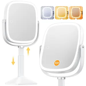 White Rechargeable Vanity Makeup Mirror - Rectangle, 10X Magnification, 3 Color Lights with Switch, Height-Adjustable, 4000mAh Battery, Large Surface for Women, for Bedroom Bathroom