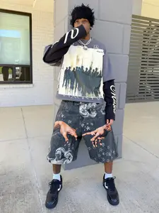 Men's printed denim shorts (Jorts), Romwe street style, featuring street-inspired patterned print design, comfortable and fashionable for daily wear, suitable for urban environments, Casual Streetwear Shorts