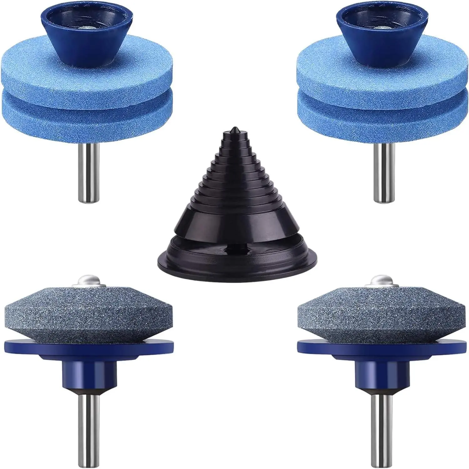 4PCS Lawn Mower Blade Sharpener, Double Layer Corundum Lawnmower Blade Sharpener, Universal Wear Resistant Mower Blade Sharpener for Any Power Drill/Hand Drill, Including Blade Balancer