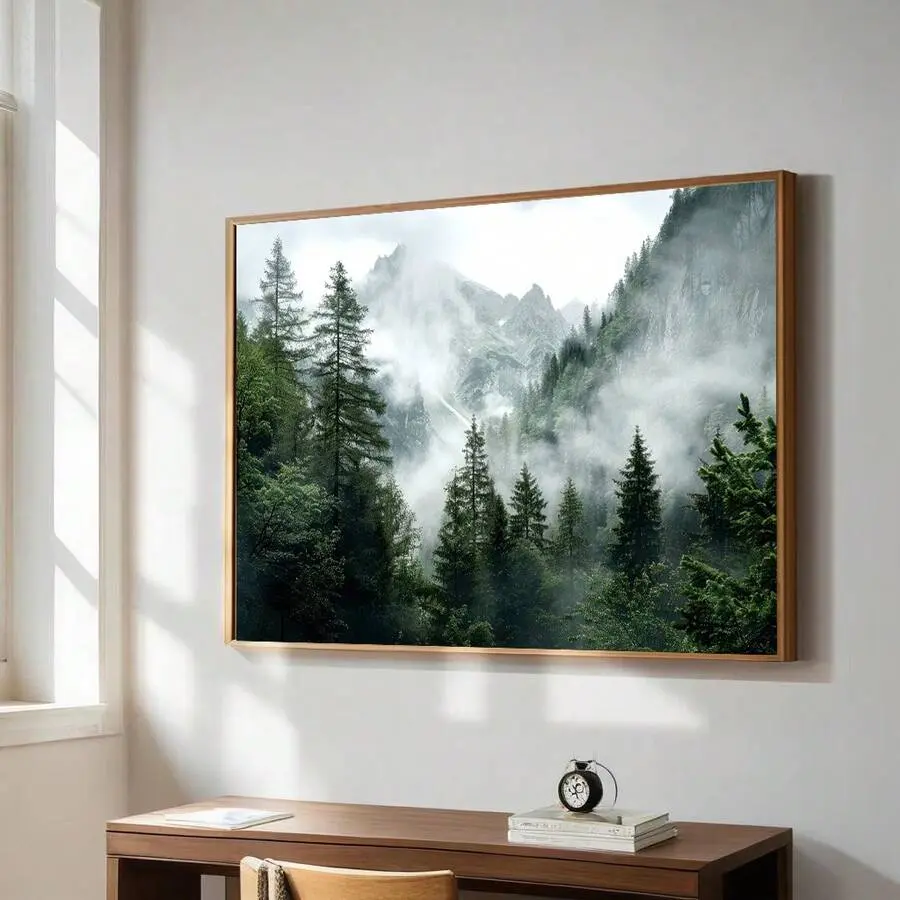 1pc Unframed Nordic Nature Landscape Wall Art Canvas Poster Print Green Forest Mountain Photography Painting For Apartment,Living Room,Bedroom,Modern Home Decoration